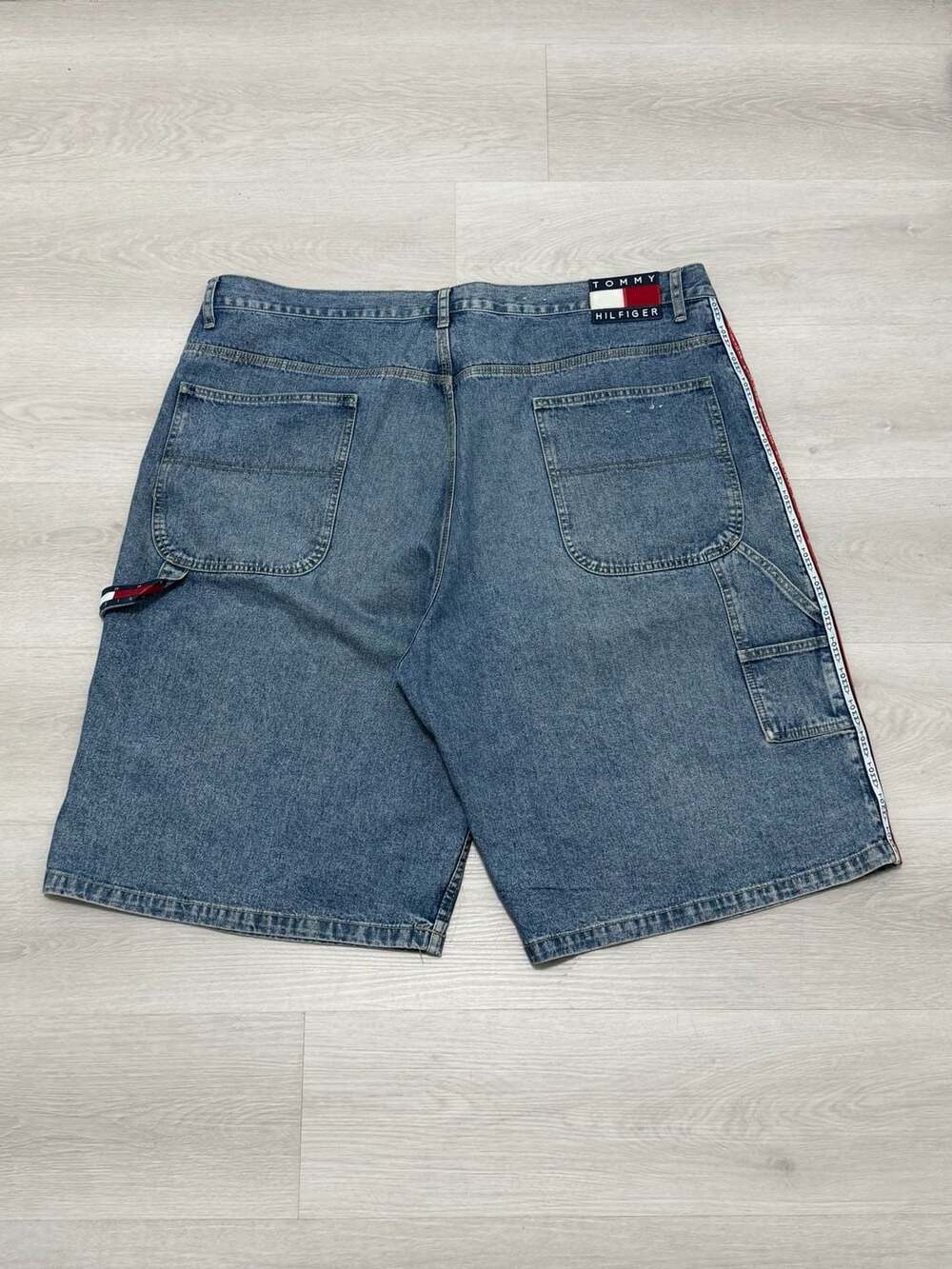 Vtg 90s Tommy Hilfiger Baggy Carpenter Denim Shorts with Logo Side Tape Size 40